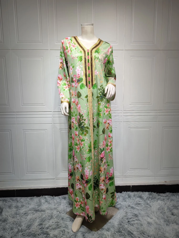 Abaya Dress 2023 Spring Summer Muslim Women Long Sleeve V-neck Polyester Printing Long Abaya Muslim Fashion Dress