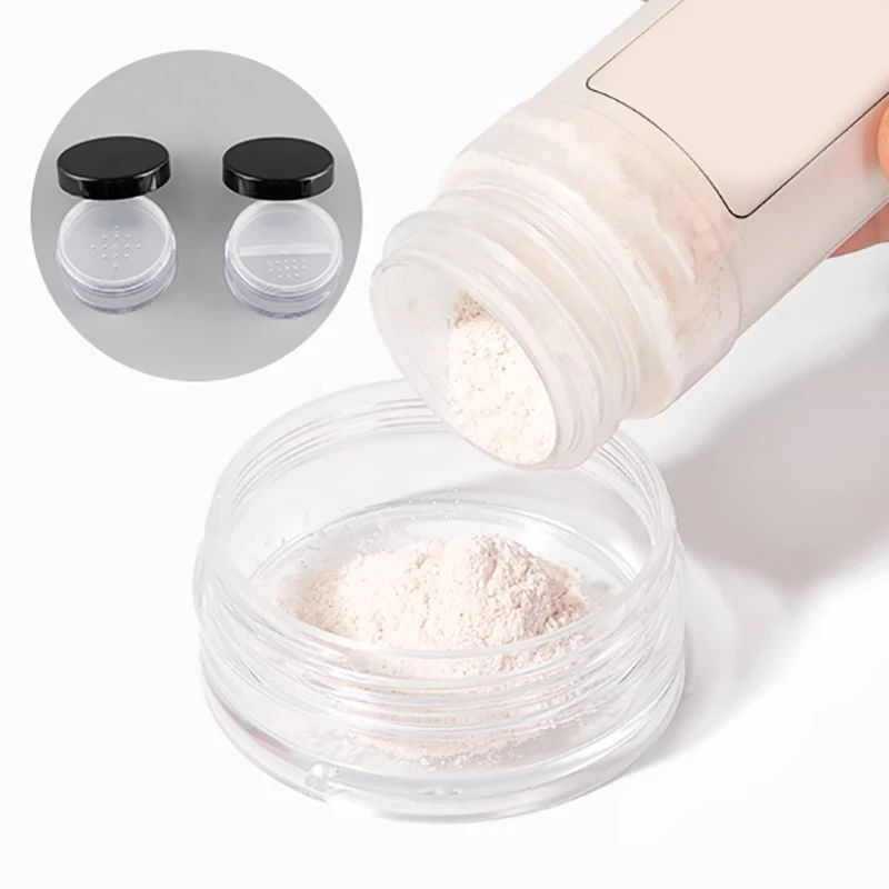 

Travel Plastic Loose Jar With Sifter Empty Cosmetic Rotatable Sieve Container Black Matte Cap Makeup Compact Portable Loose Pack