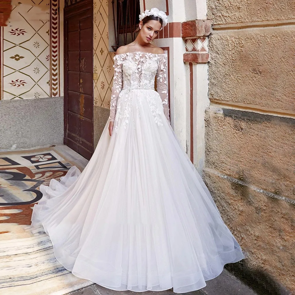 

Boat Neck Wedding Dress Appliques Full Sleeve For Bride Princess Long Sleeve A Line Lace Up Back Custom Made To Measures