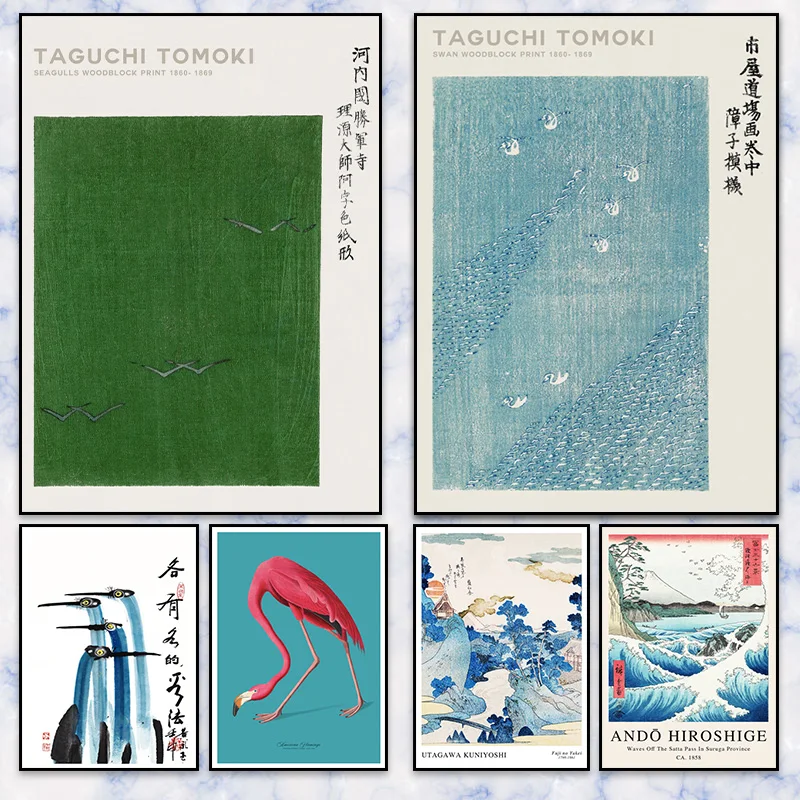 Винтажный Японский печатный плакат с большой волной и птицей абстрактная