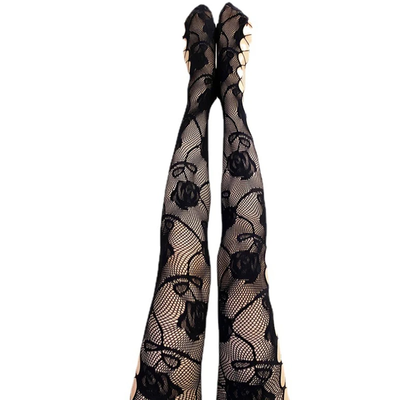 

Women Sexy Side Hollow for Cross Fishnet Pantyhose Rose Vines Pattern Mesh Tight