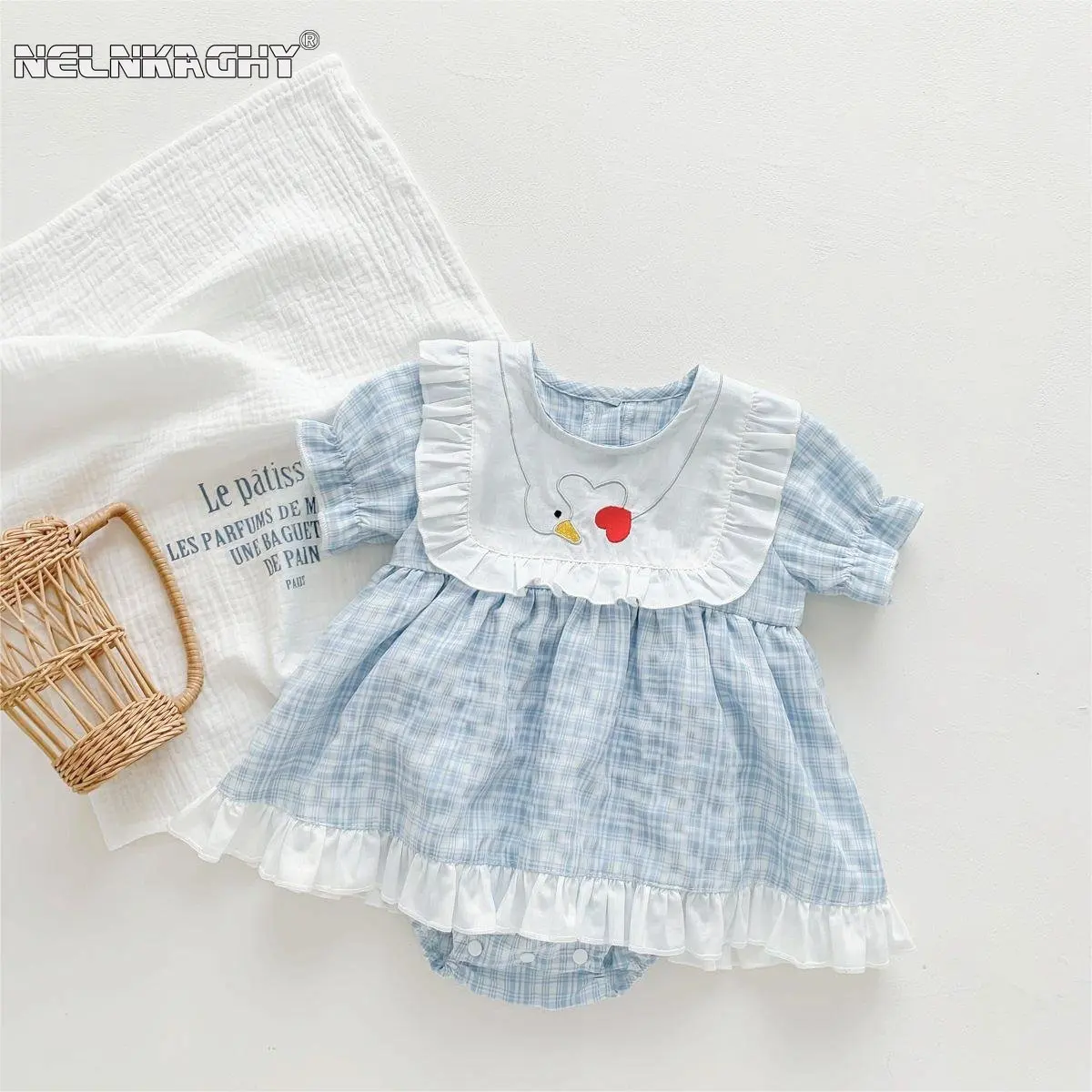 My Princess Summer Short Sleeve Plaid Ruched Love Outfits Infant Newborn Jumpsuits Cotton Dress Kids Baby Girls Bodysuits