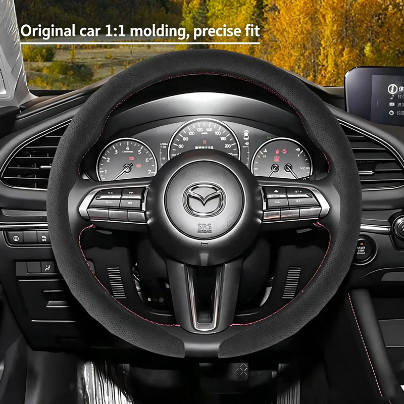 Фото Кожаный чехол на руль, подходит для всех моделей Mazda 3, 5, 6, Axela, Atenza, CX30, CX5, CX8, CX9, MX5, RX8, RX7, BT50, универсальный, на все сезоны №1