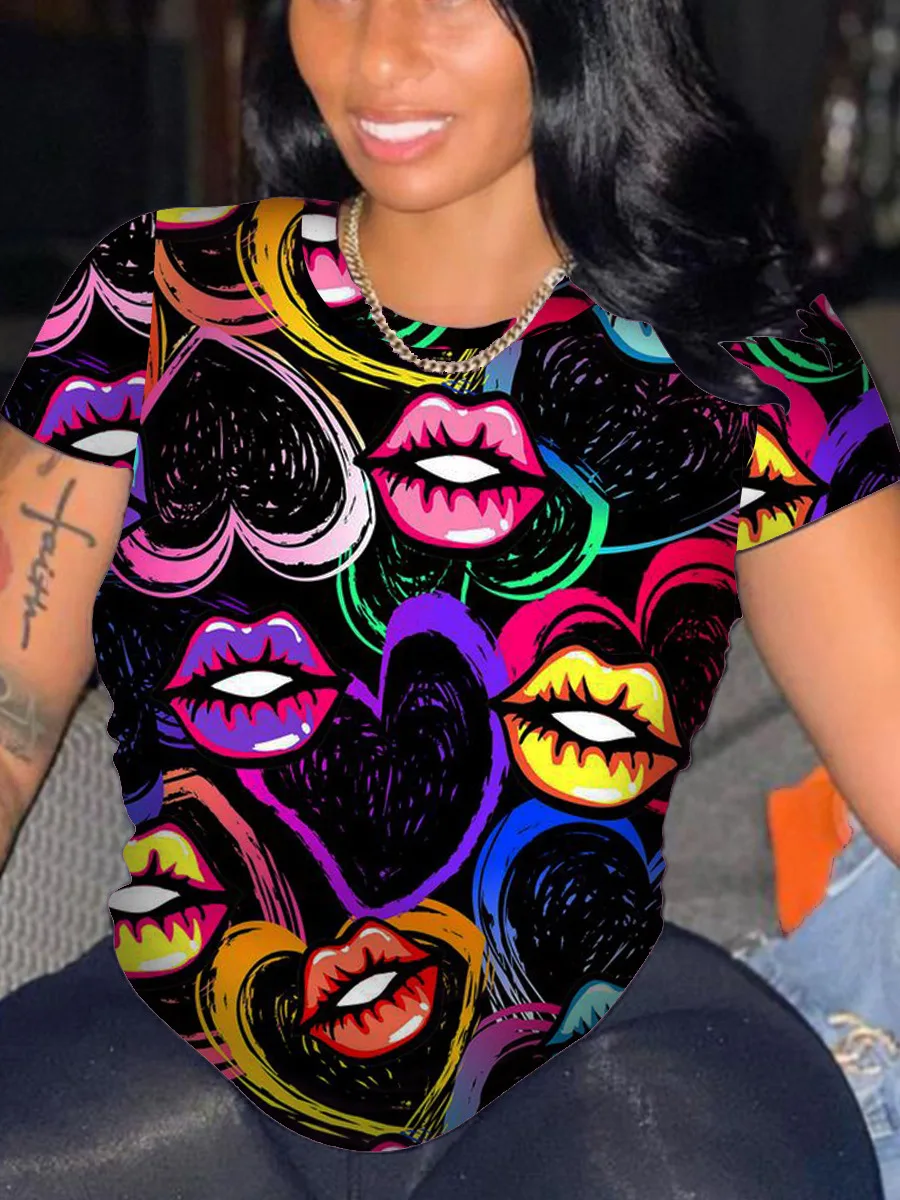 LW Plus Size Heart Lip Print T-shirt 2023 NEW Women T-shirt Summer Clothes T Shirt Harajuku Graphic Tee Casual Short Sleeve Tops