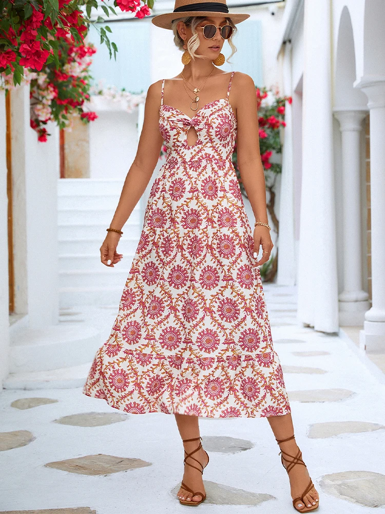 Летнее платье в стиле бохо для женщин модное пикантное длинное без рукавов с
