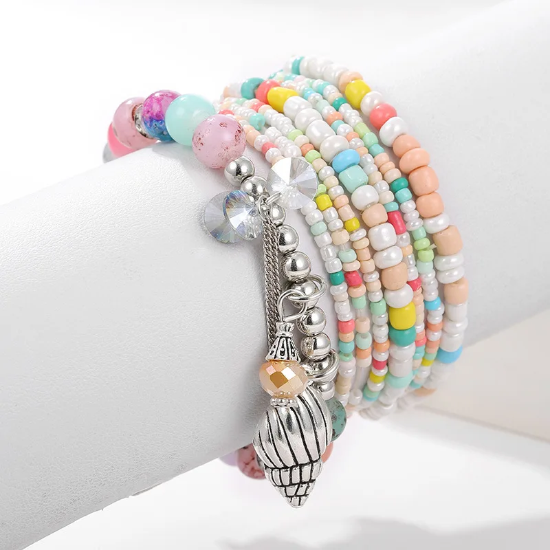 

Fashion Multicolor Ethnic Tassel Seeds Beaded Bracelets for Women Girls Gift Elastic Rope Shell Leaves Charm Wrap Bracelet