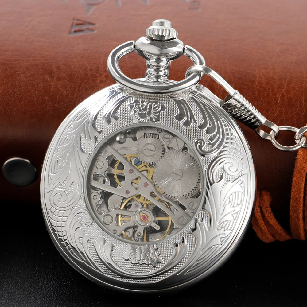 Silver Pattern Hollow Engraving Mechanical Pocket Watch High Quality Unisex Necklace Timing Pendant for Men and Women Pjx054