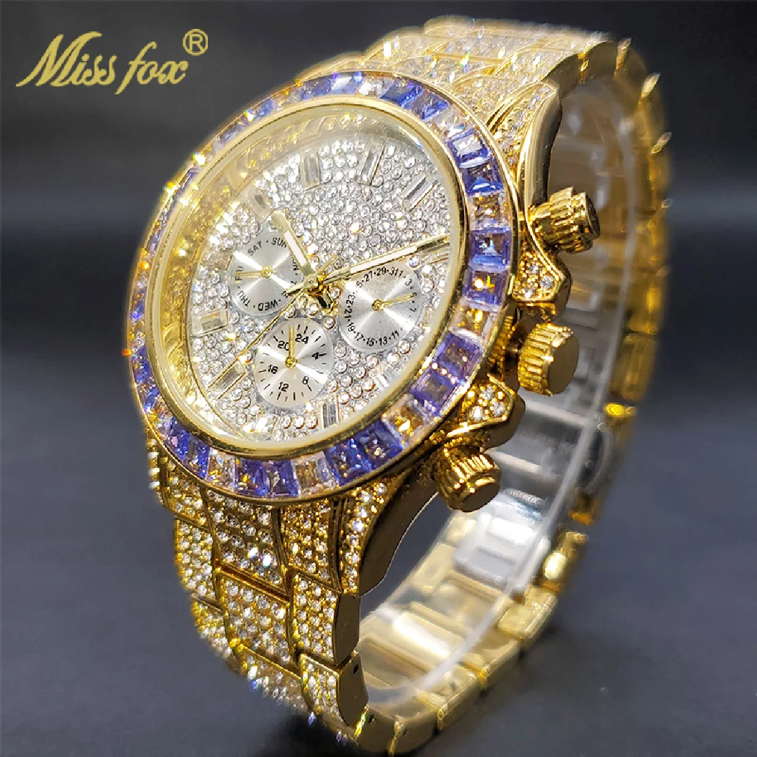 

Luxury Gold Men Watch Waterproof Stainless Steel Iced Bracelet Purple Diamond Watches For Male Three Dial Work Sport Trend Clock