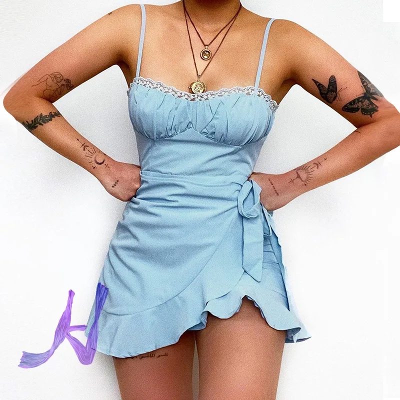 

Fashion Sexy Pure Desire Style Lace Suspender Dress blue white Women's Mini Dress