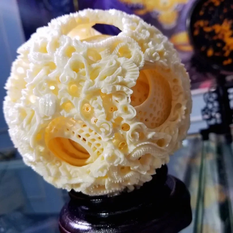 Natural Mammoth Ivory Dragon Phoenix Chengxiang Twelve Story Ghost Work Ball Decoration Antiques Collection Home High-End Decora