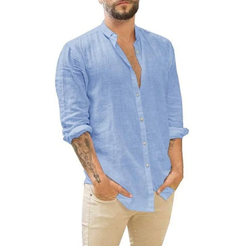 

Men's Cotton Linen Long-Sleeved Shirts Summer Solid Color Stand-Up Collar Casual Beach Style Plus Size