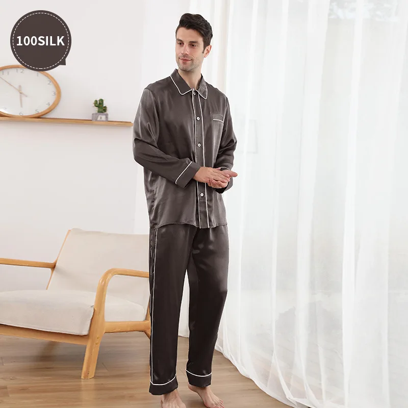 22 mm new men's mulberry silk pajamas 100% mulberry silk long-sleeved sleepwear set for men