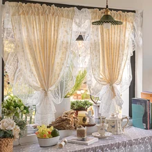 Beige Daisy Embroidery Short Curtains for Cafe Kitchen Bookshelf Ruffled White Lace Small Valance Tier Partition Window Drapes