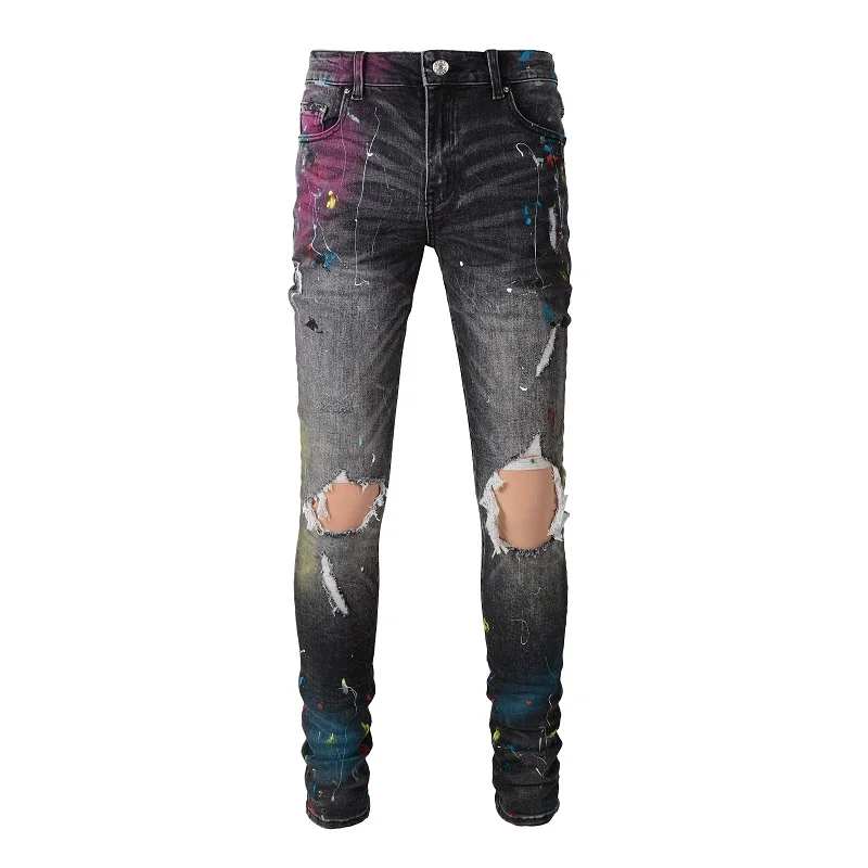 

New Arrival Dark Gray Steetwear Style Damaged Holes Painted Skinny Stretch Slim Fit High Street Graffiti Distressed Ripped Jeans