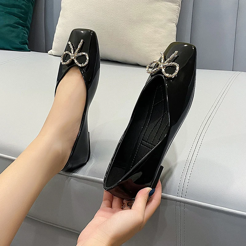 High Quality Size 35-44 Square Toe With Rhinestone Bow Woman New Arrivals Slip On Flat Shoes Ladies