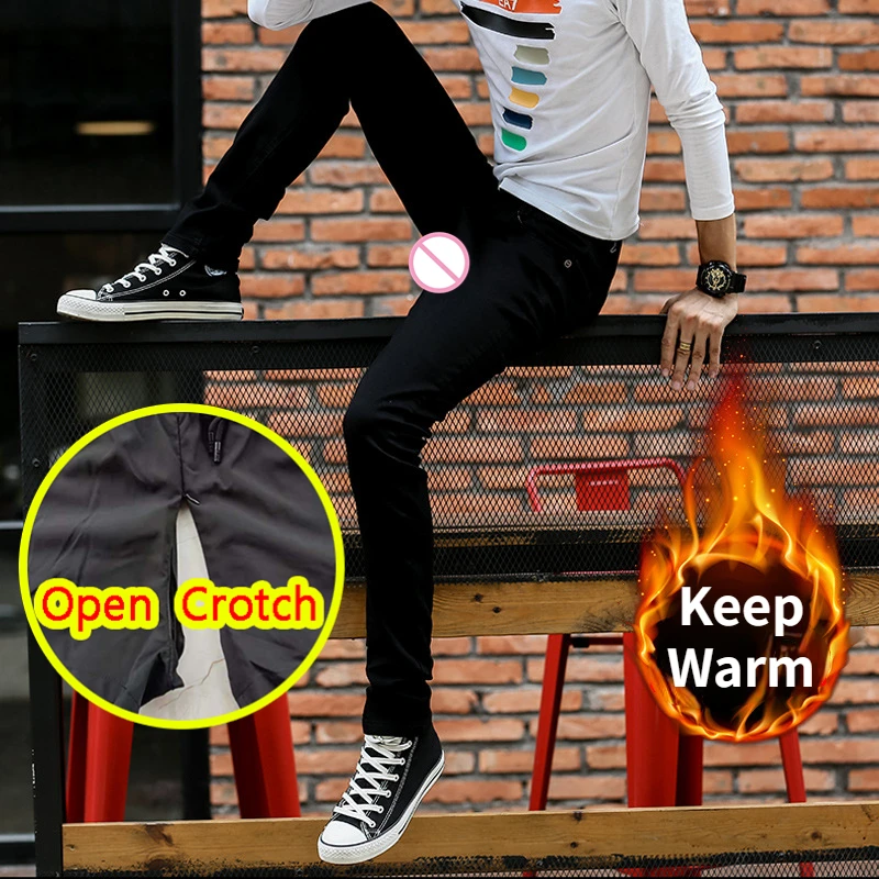 Hot Men's Winter Open Crotch Jeans Fleece Crotchless Outdoor Sex Pencil Pants Velvet Thermal Hidden Zipper Korean Gay Trousers