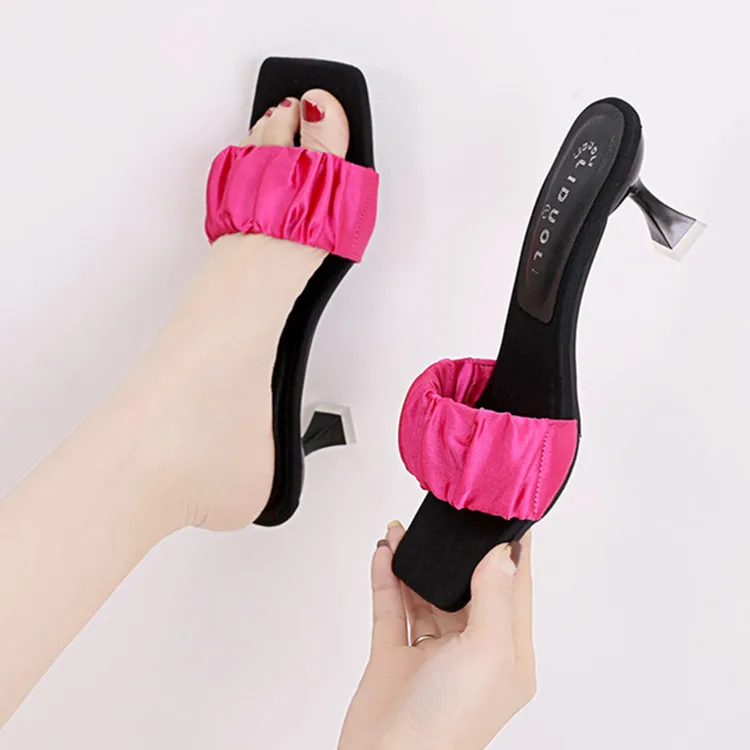 

Square Head Summer New Net Red One-word Belt Slippers Women's High-heeled Fashion Sexy Women's Stiletto High-heeled Shoes