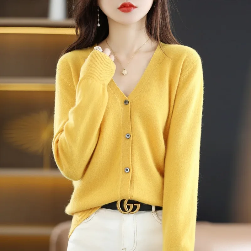 

Women Cardigans Sweater V-neck Spring Autumn Knitted Cardigans Solid Single Breasted Womens Sweaters 2023 Outer Wear All-Match
