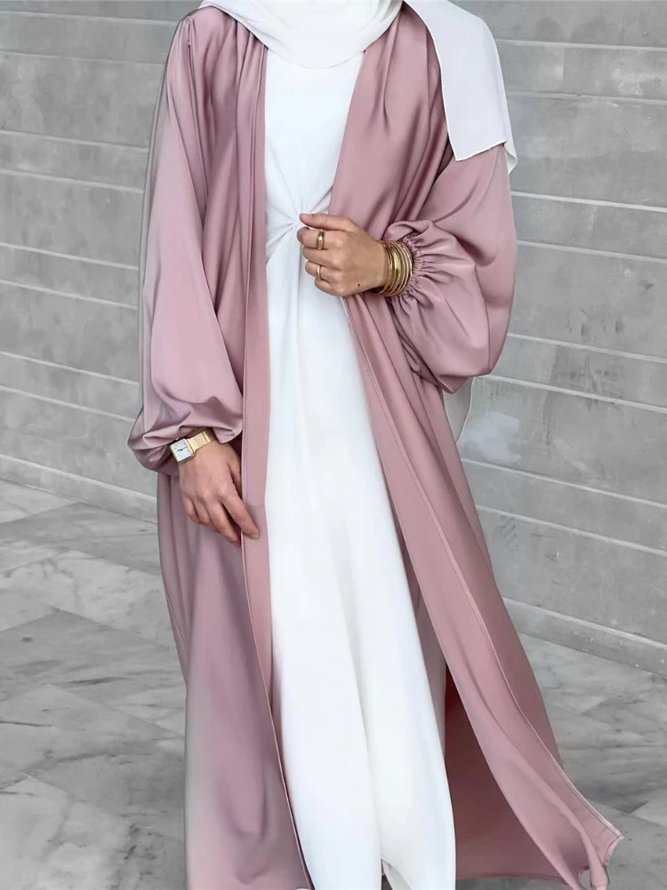 Puff Sleeve Open Abaya Satin Muslim Dress Women Elegant Morocco Party Long Dresses Islam Turkey Dubai Eid Ramadan Kaftan Robe