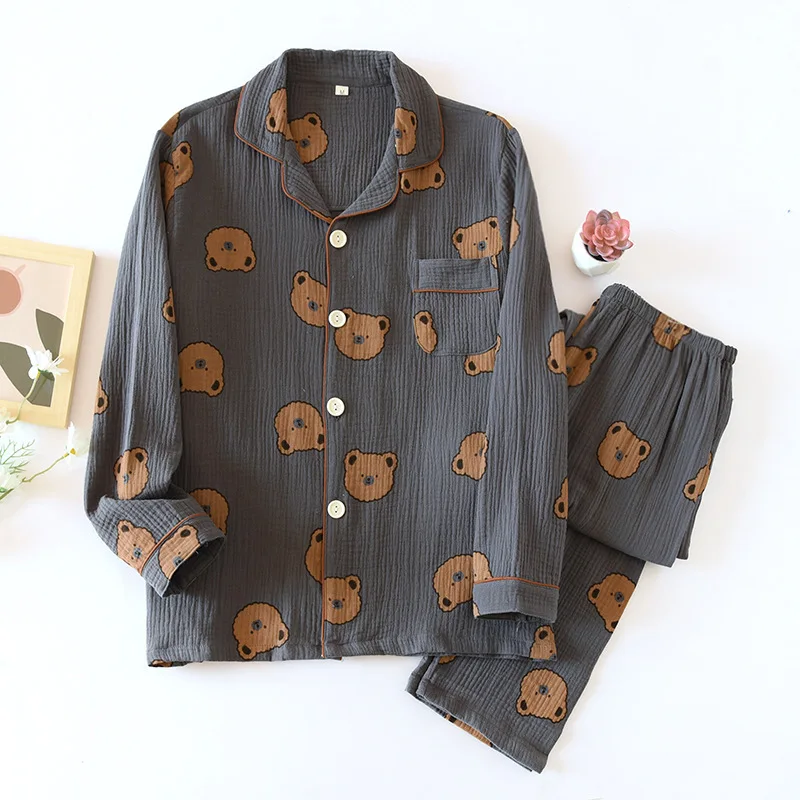 Couple Pajamas Suit Men Thin Long-sleeved Spring Washed Cotton Crepe Lapel  Autumn Trousers Women Cartoon Two-piece Home Clothes