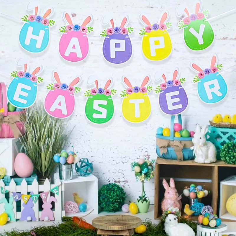 

Happy Easter Banner Eggs Bunny Rabbits For Home Decorations 2023 Bunni Ears Hanging Festival Parti Party DIY Flag Supplies