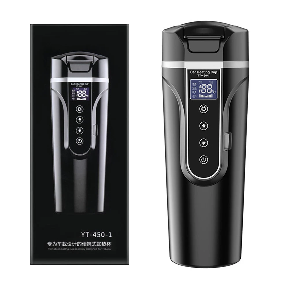

12V-24V Portable Car Heating Cup 304 Stainless Steel Water Warmer Bottle Car Kettle Coffee Milk Mug LCD Display Temperature