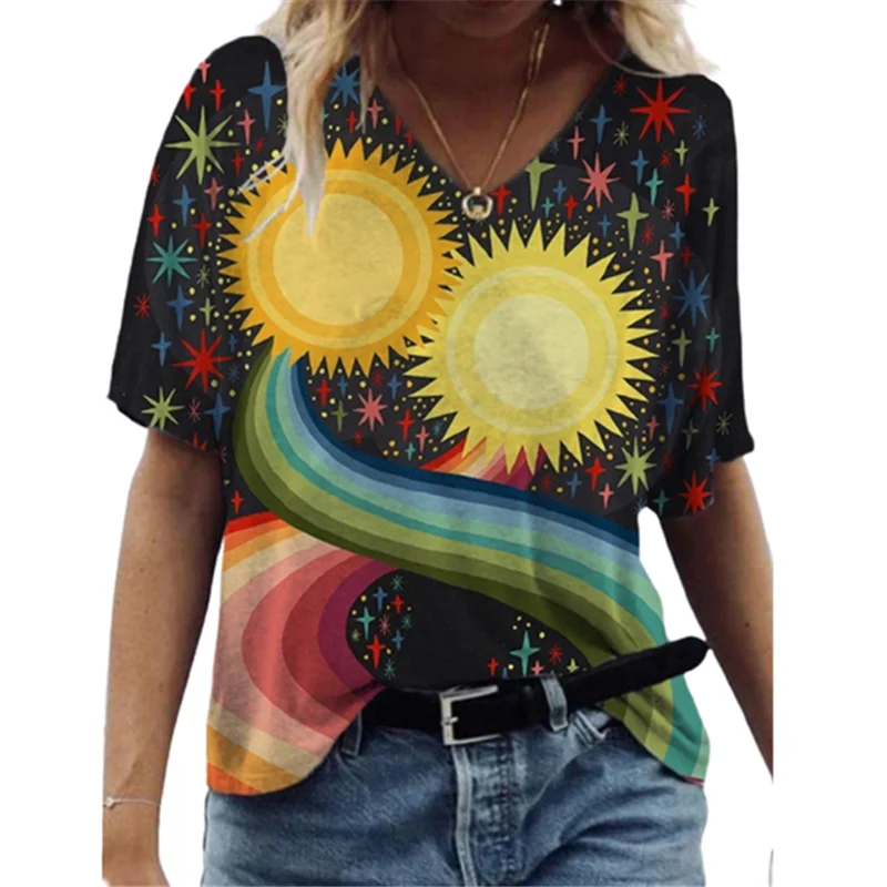 

Casual 3D Abstract Painting Print T-shirt Women 2022 Loose Short Sleeve V-Neck Tops Streetwear Plus Size
