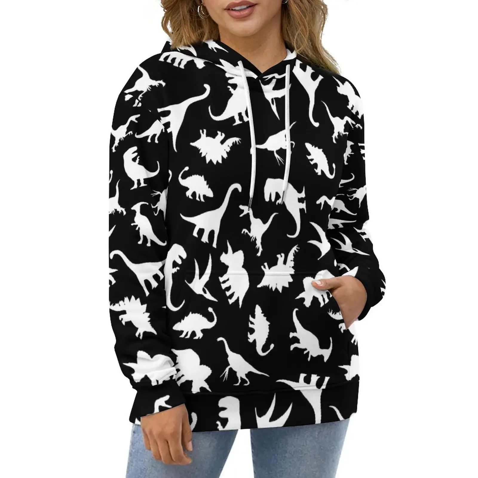 

Fun Dinosaur Casual Hoodies White And Black Retro Design Loose Hoodie Winter Long Sleeve Harajuku Oversized Hooded Sweatshirts