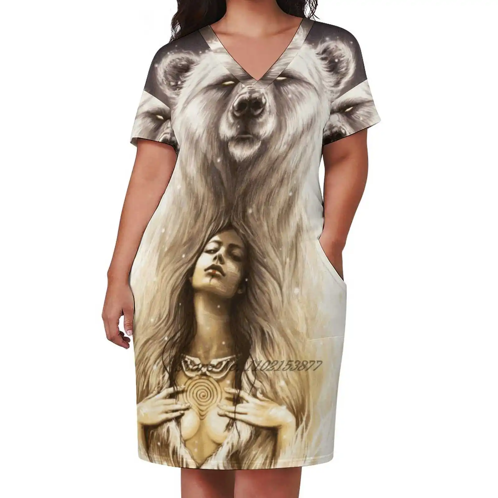 

Платье-трапеция с коротким рукавом и V-образным вырезом, с принтом