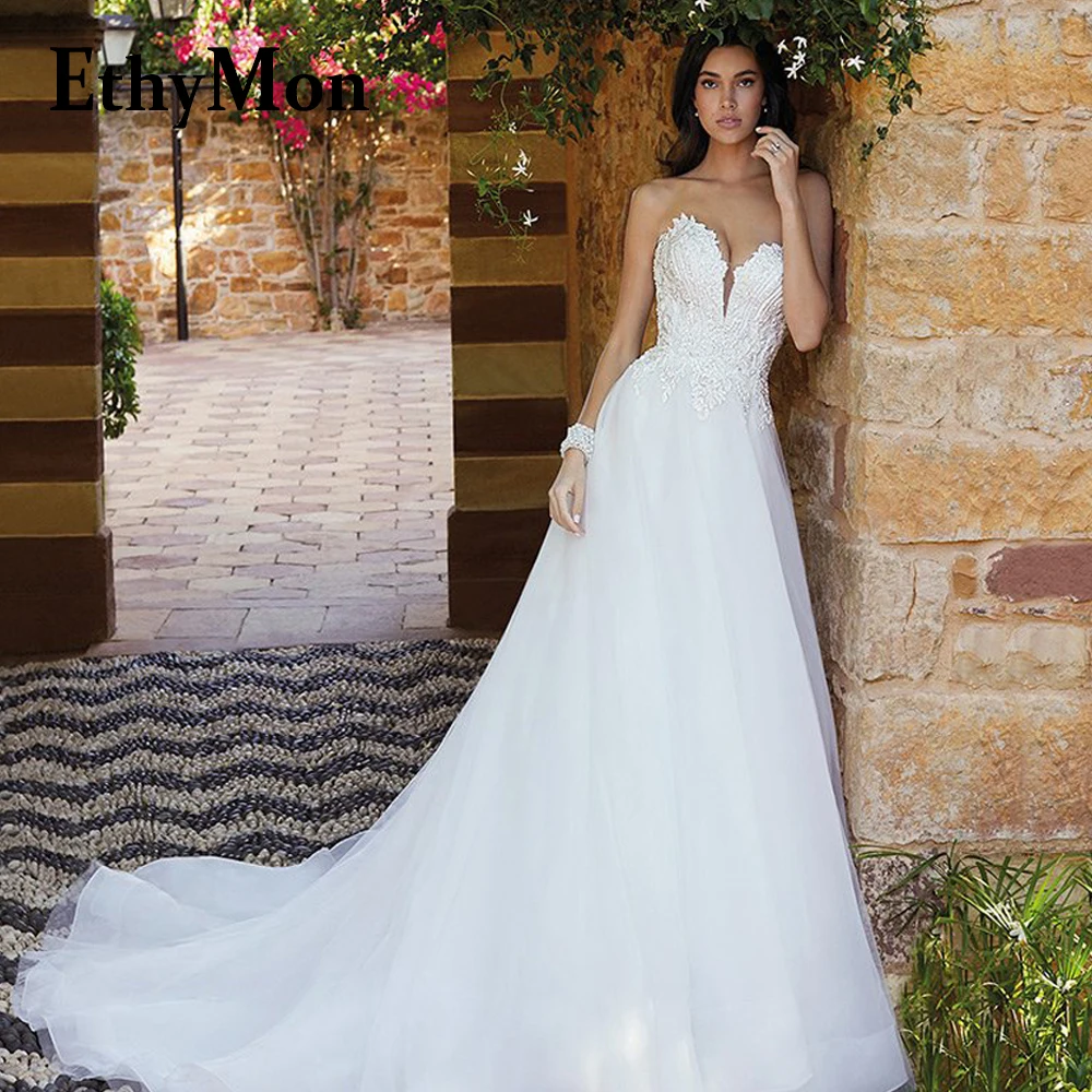 

Ethymon Charming Sweetheart Wedding Dress For Women A-line Court Train Sleeveless Lace Appliques Vestidos De Novia Customised