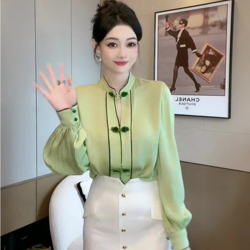 

Chiffon Women's Shirts Summer 2023 New Solid Chinese Style Blouses Loose Long Sleeve O-Neck Top Elegant Clothing YCMYUNYAN