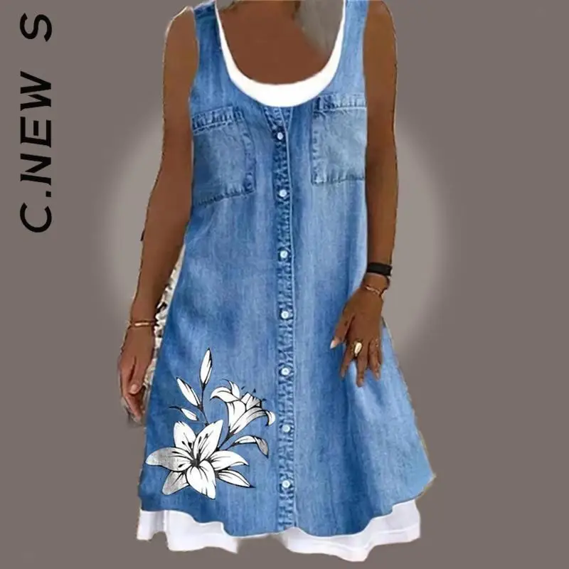 Женское платье до колен с цветочным принтом без рукавов |