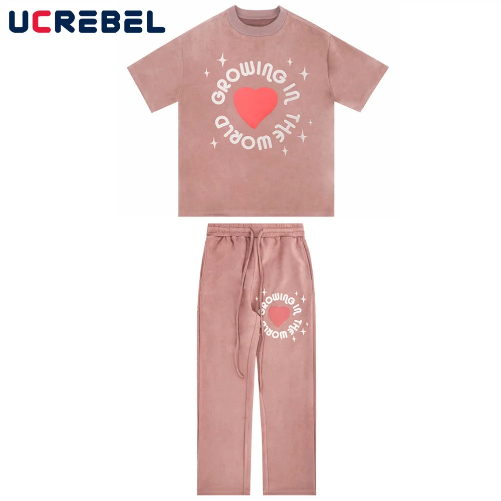 

Heart Print Tracksuit Set Mens Summer Streetwear Two-piece Suit Dome Half-Sleeve T-Shirt Drawstring Elastic Waist Casual Trouser