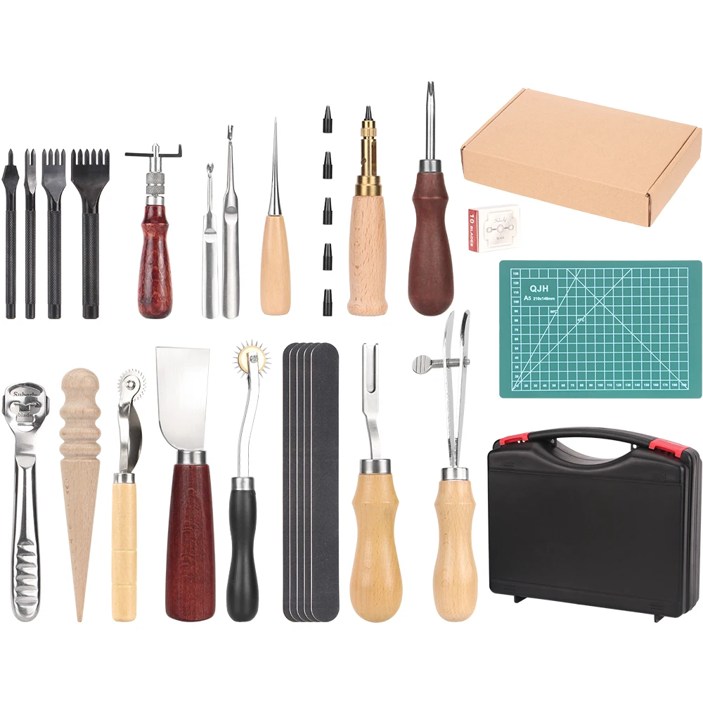 

QJH Leather Craft Tools Kit Set | Hand Stitching | DIY Punch | Saddle Set Accessories | Carving Work | Adults Gifts | Beginner