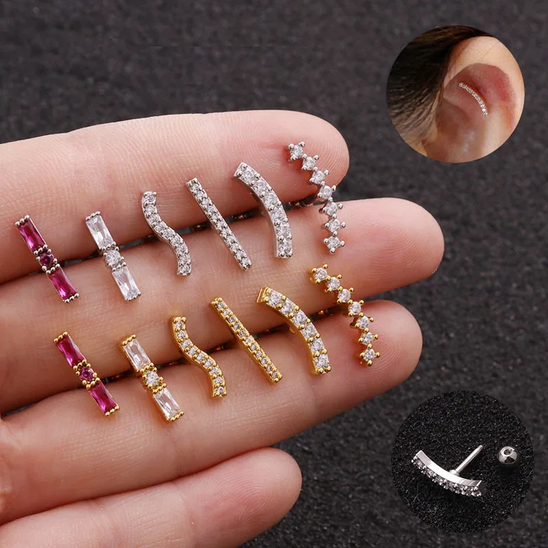 

1Pc Fashion Piercing Jewelry Stainless Steel Earrings Micro Inlaid Zircon Ear Studs Rectangular Earbone Nail Body Perforated 16G