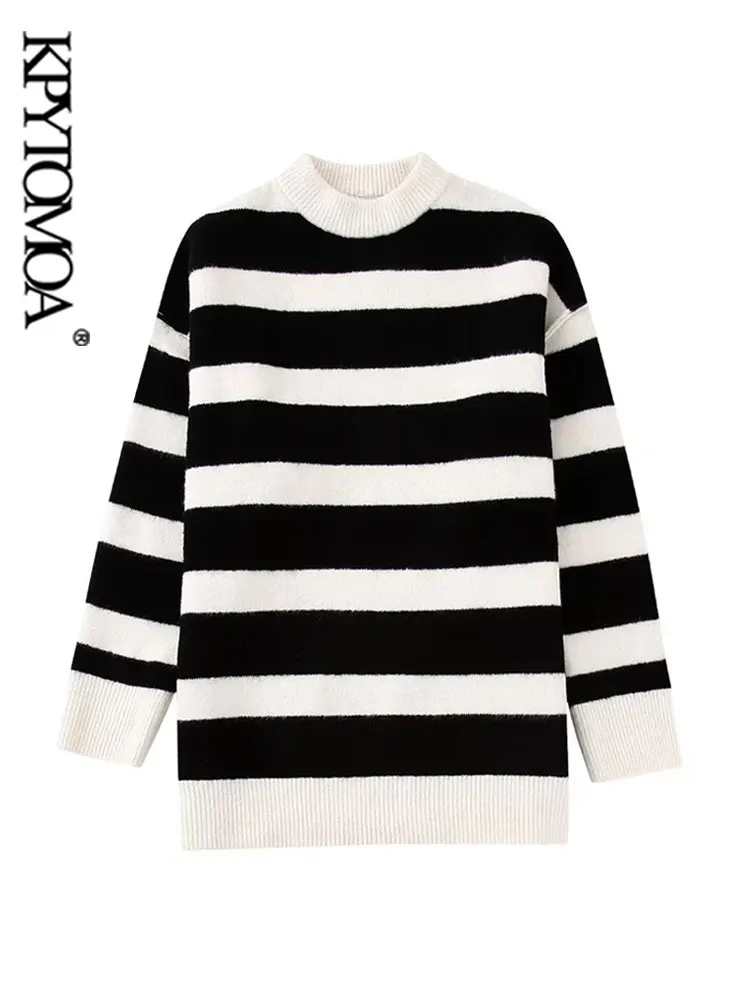 

KPYTOMOA Women Fashion With Ribbed Trims Striped Loose Knit Sweater Vintage O Neck Long Sleeve Female Pullovers Chic Tops