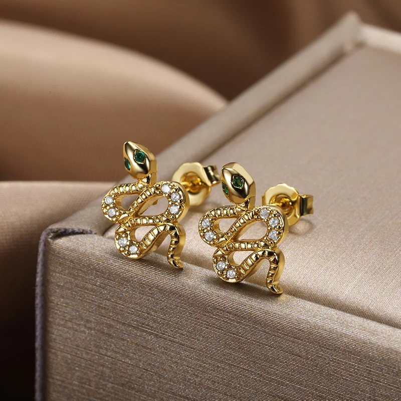 

Personality Chic Snake Shinning Rhinestone Earring For Women Men Gold Color Animals Stud Earrings Ear Cuff boucle oreille femme