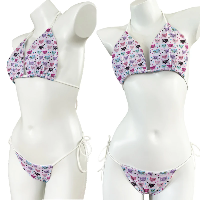 Cartoon Print Bikini Sexy Lace-up Bikinis Set 2022 New Padded Bra Low Waist Swimsuit Female Swimwear Women Biquini Cute Pink