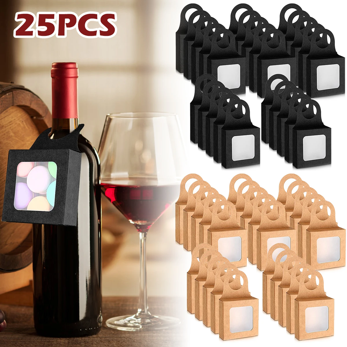

L 25Pcs Kraft Wine Bottle Box with Window Hanging Foldable Wine Boxes Durable Kraft Paper Gift Box Decorative Wine Boxes for