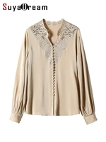 suyadream women silk blouses 100silk crepe long sleeves lace v neck shirts 2022 spring autumn office lady blouses khaki