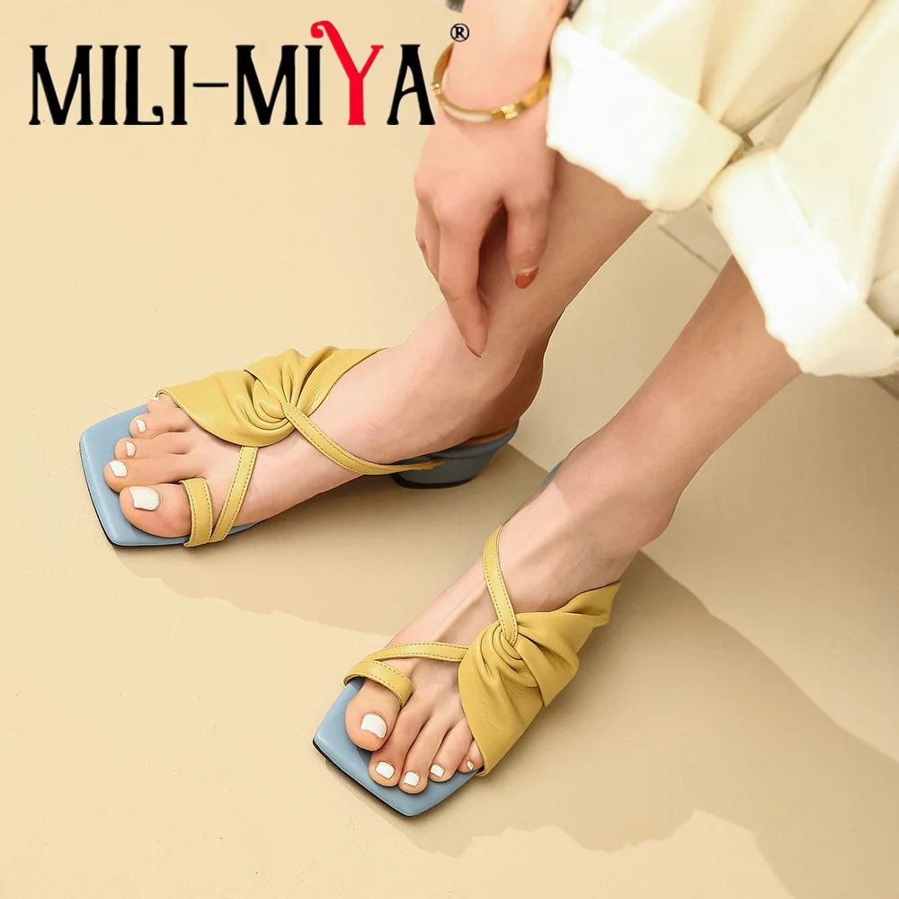 

MILI-MIYA Summer Women Sandals Genuine Leather Mixed Color Square Toe Pleated Thick Heels Pinch Slippers Dress Handmade Shoes