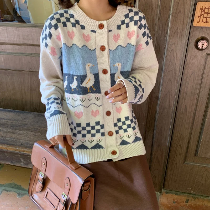 

Кардиган в стиле Харадзюку, Милый Винтажный однобортный трикотажный свитер в стиле преппи с круглым вырезом и длинными рукавами в виде мультяшных уток в форме сердца