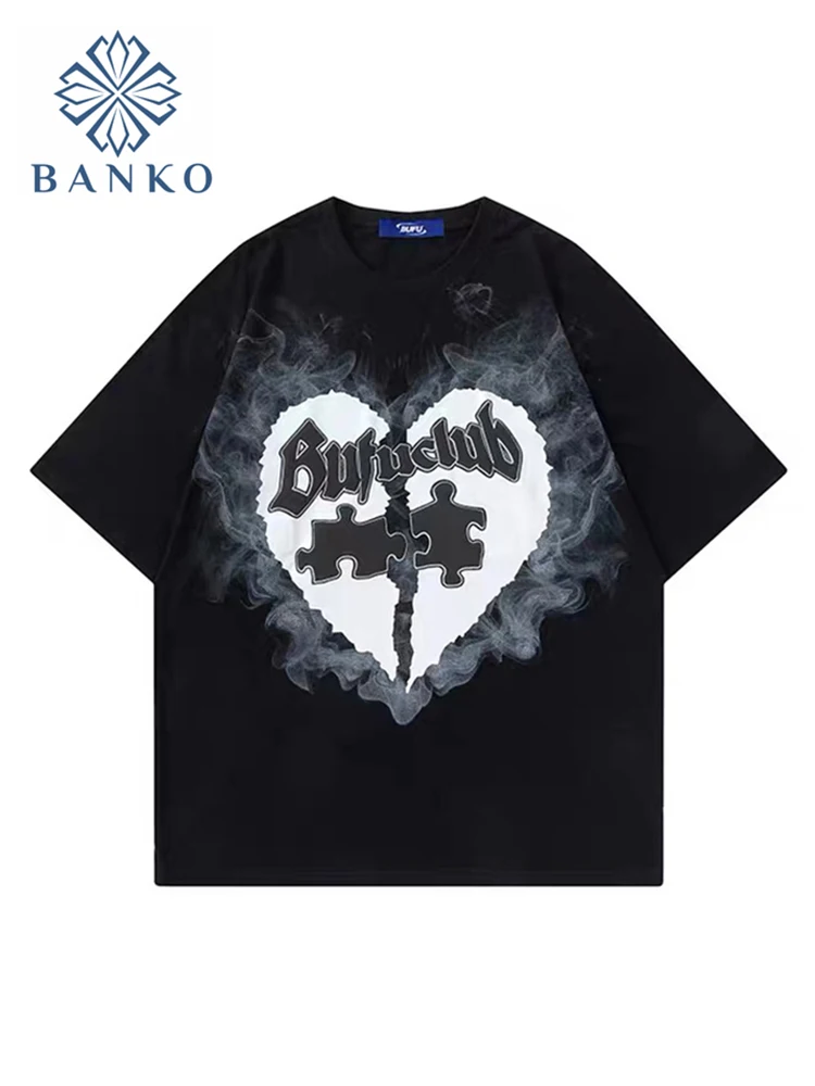 

American T-shirt Women Heart Print Graffiti Tee Clothes 2022 Summer O-Neck Casual Short Sleeve Tops High Street Harajuku Unisex