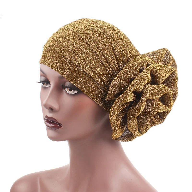 

New Women Shiny Gold Flower Turban Spring Autumn Solid Color Elastic Headbands Cap Muslim Indian Hats Ladies Accessories