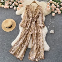 high end light luxury hot stamping high quality jumpsuit v neck tie waist and thin wide leg jumpsuit european and american
