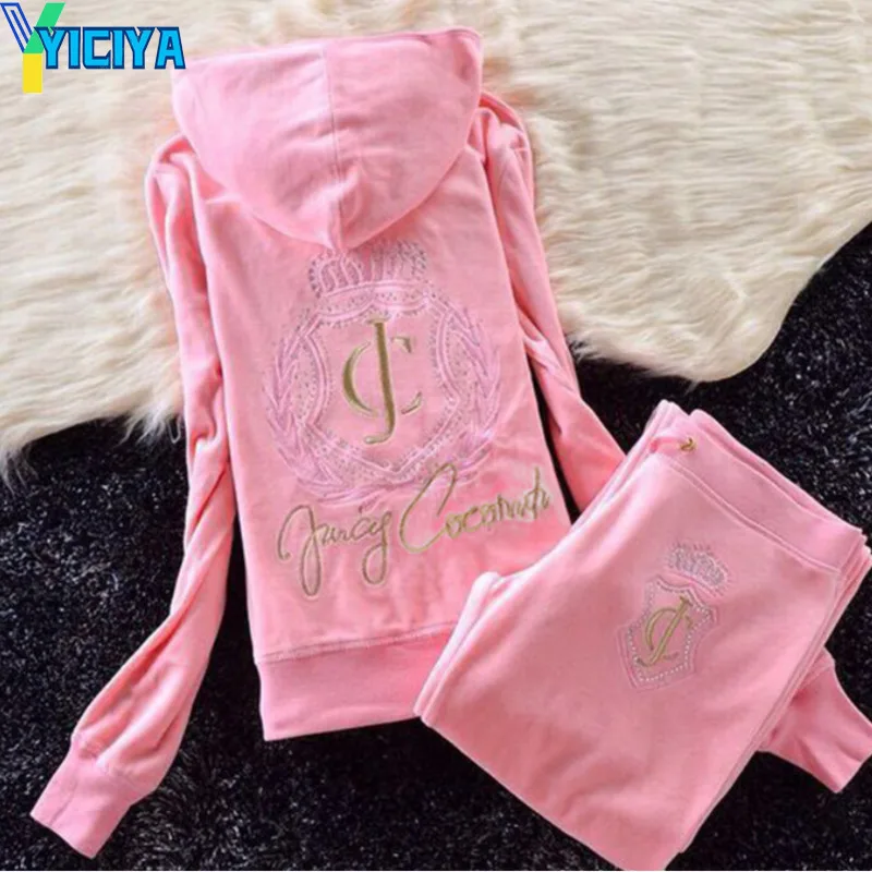 YICIYA Velour Suits Shopping Leisure Sports Women's  Embroidery Velvet Suit  Loose Legs Hooded Tracksuit Women Crop Top Trousers