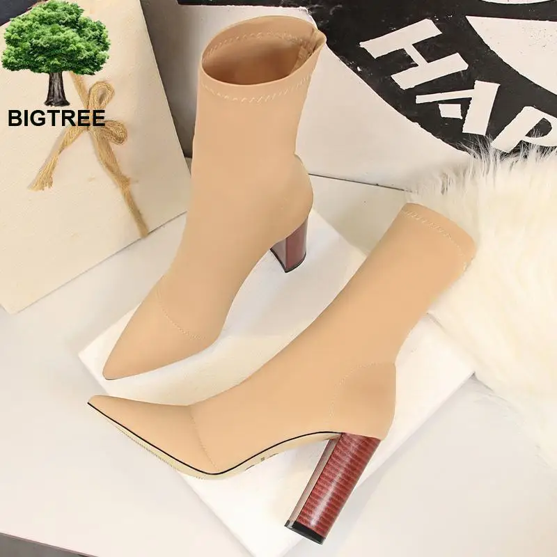 Модная обувь женские Стрейчевые ботинки осенние ботильоны для женщин на высоком