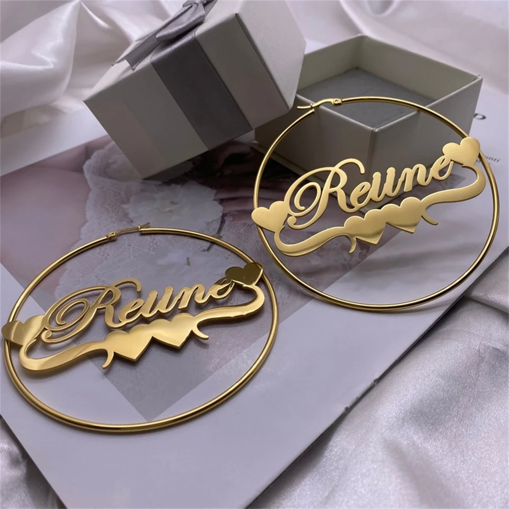 

Trendy Personalized Hoop Earring Stainless Steel Customized Name Letter Bottom Heart Earrings Nameplate Jewelry Custom Gift