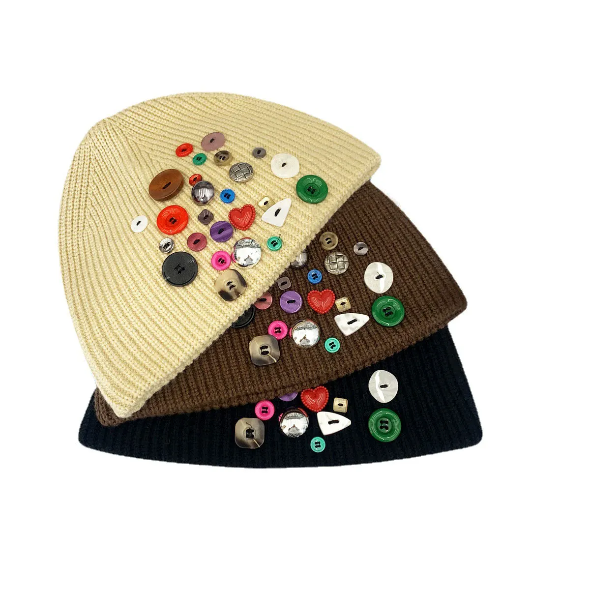 Autumn Spring Women Knitted Hat Handmade Colorful Button Decoration Knitted Beanies Cold Cap