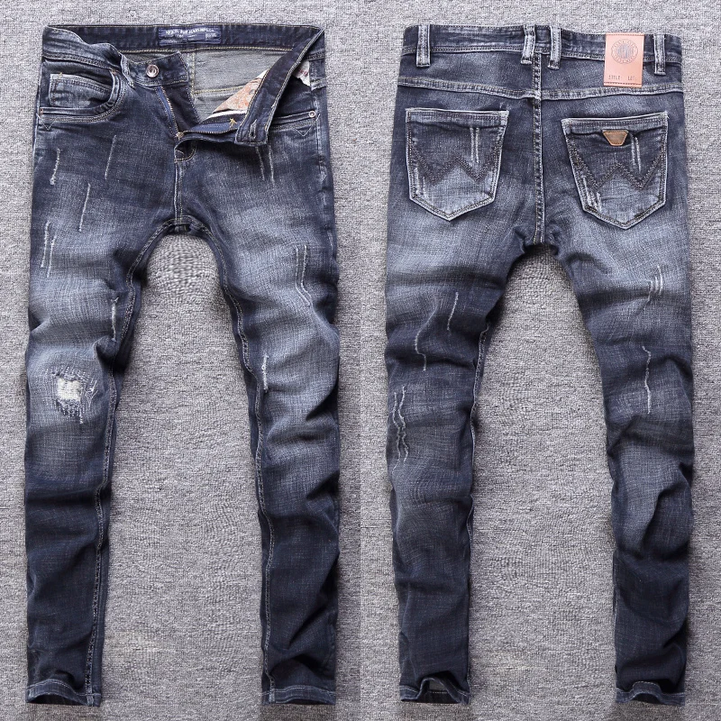 Italian Designer Fashion Men Jeans Retro Black Blue Stretch Slim Fit Ripped Jeans Men Trousers Vintage Casual Denim Pants Hombre
